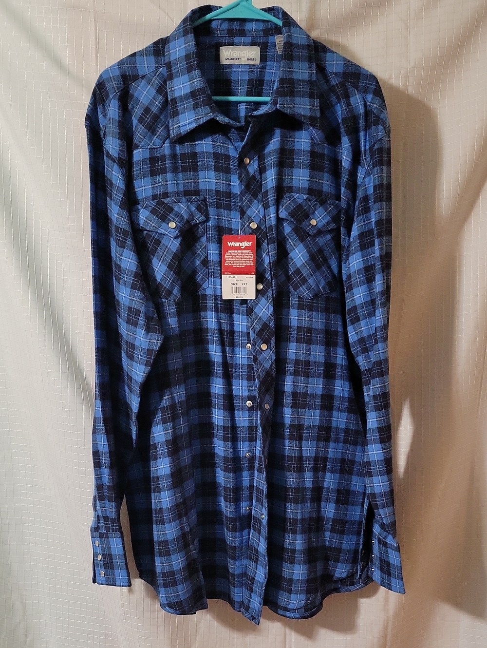 Wrangler Blue and Black Plaid Flannel Button-Down Shirt NWT, Size 2XLT